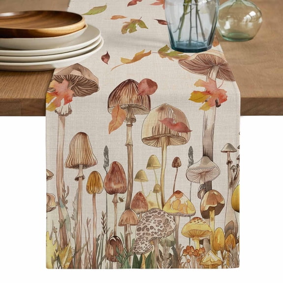 Fall Mushroom Table Runner, Watercolor Maple Leaf Farmhouse Washable Cotton Linen Table Runners 90 Inches Long, Dresser Scarf Runner for Dining/Coffee/Kitchen/Hallway Tables 13''x90''