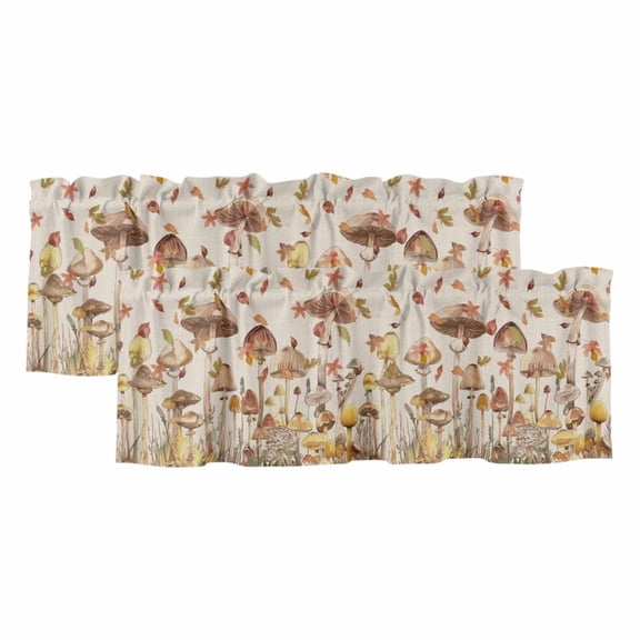Fall Mushroom Valances for Windows, Watercolor Maple Leaf Farmhouse Light Filtering Kitchen Curtains, Rod Pocket Window Valance Curtains for Living Room Bedroom, 54" W x 18" L, 2 Panels