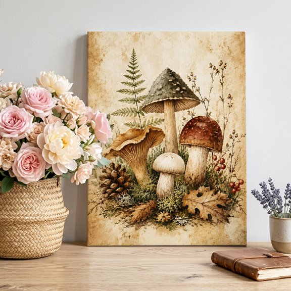 Fall Mushrooms Canvas Wall Art for Living Room, Vintage Oakleaf Pinecone Fernfronds Rustic Country Poster Print Painting for Bedroom Office Home Decoration Wall Pictures Prepare To Hang 8"x12"