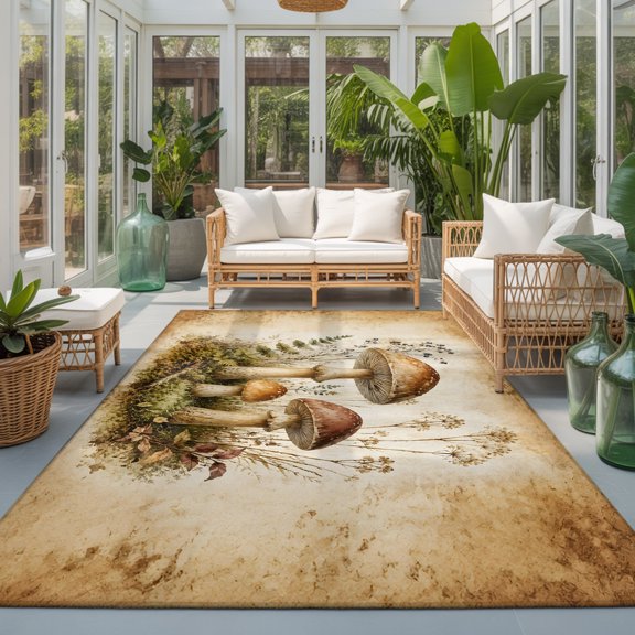Fall Mushrooms Washable Area Rugs 3'x5', Vintage Cap Mushrooms Fern Leaf Wildgrasses Shabby Chic Washable Throw Living Room Rug Non-Slip Sturdy Edge Binding Carpet for Indoor Entryway Bedside Kitchen