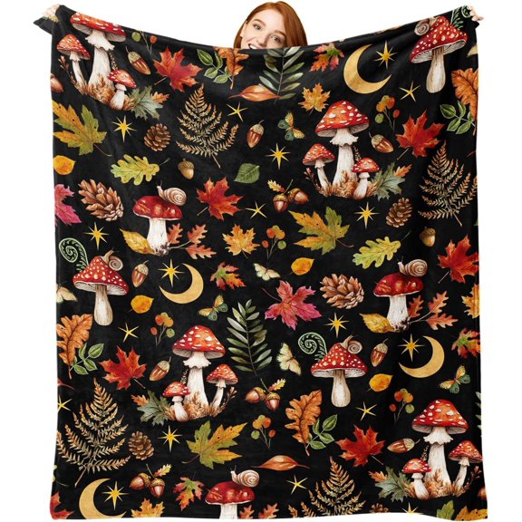Fall Mystical Forest Mushroom Moon Flannel Throw Blanket, Autumn | Fairytale Dark Cottagecore Birthday Gifts for Men Women, Witchy Boho Nature Gothic Soft Blankets for Bedding Sofa