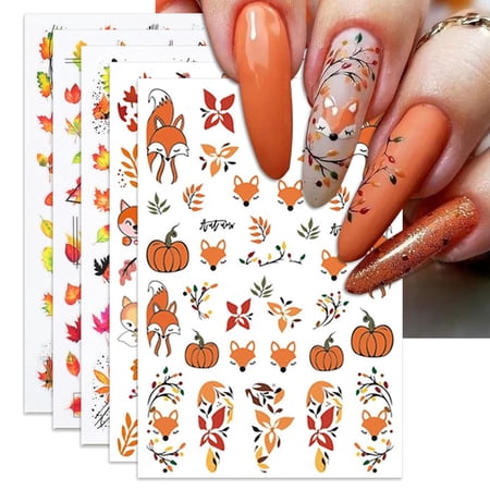 Fall Nail Art Stickers, Thanksgiving Day Fox Nail Decals, 3D Self-Adhesive Maple for Autumn DIY Nail Supplies Decoration(5 Sheets)