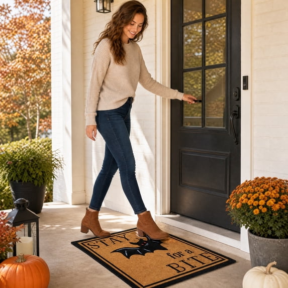 Fall Natural Coir Door Mat, Stay for A Bite Floor Mat Non-Slip Entrance Door Rugs for Autumn Thanksgiving Indoor Outdoor Bathroom Decor