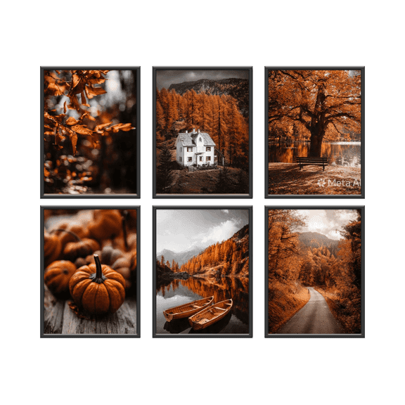 Fall Nature Wall Art Prints Set of 6 Canvas Artwork Autumn Thanksgiving Tree Forest Mountain Pumpkin Orange landscape Modern Posters for Living Room Bedroom Kitchen Decor (8"x10" UNFRAMED)
