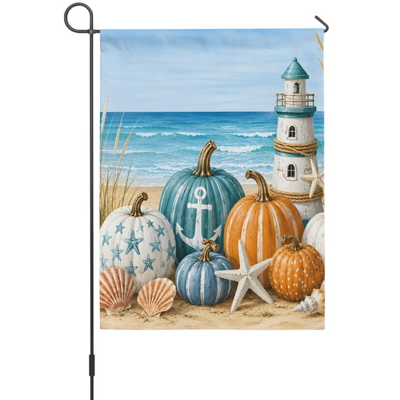 Fall Nautical Garden Flag 12x18 Inch Summer Coastal Pumpkin Starfish Seashell Lighthouse Double Sided Outdoor Garden Flags Welcome House Flag Decorative Yard Flags for Outside Holiday Decoration