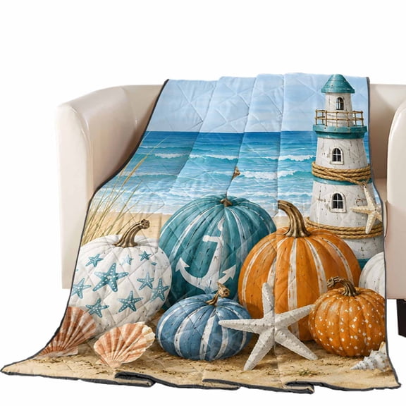 Fall Nautical Quilted Comforters Cooling Blanket Oversized King Size, Summer Coastal Pumpkin Starfish Seashell Lighthouse Cold Comfort for Hot Sleepers Air Conditioning Quilt Blanket for Bed