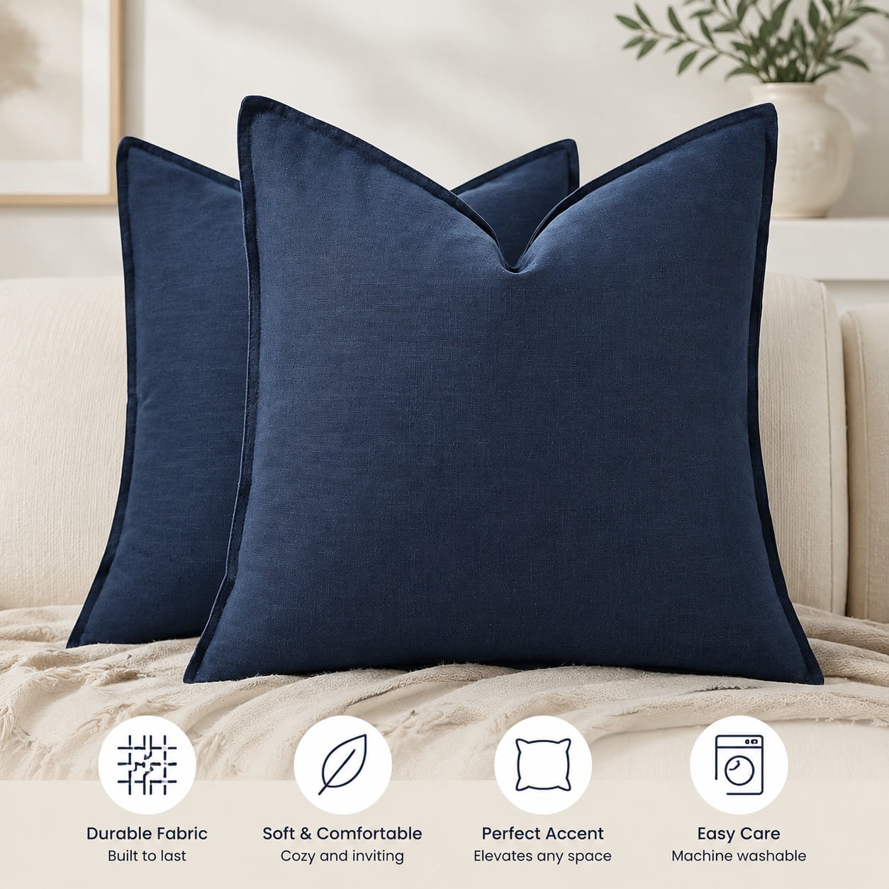 Fall Navy Blue Linen Throw Pillow Covers 16x16 Inches Set of 2
