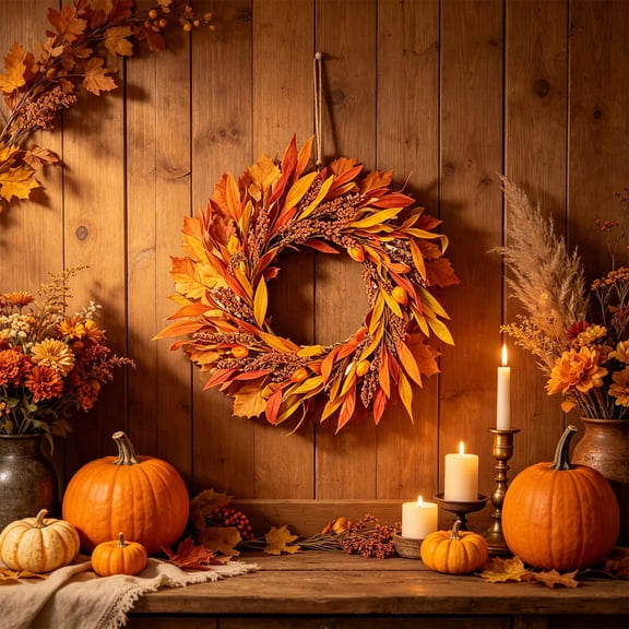 Fall Neutrals Rattan Wreath, Orange Leaf Dried Grass Decor, Thanksgiving Front Hanging, Offers 3 Styling Options and Hangs Securely for Front Door, Wall Mount, and Fireplace Mantel.