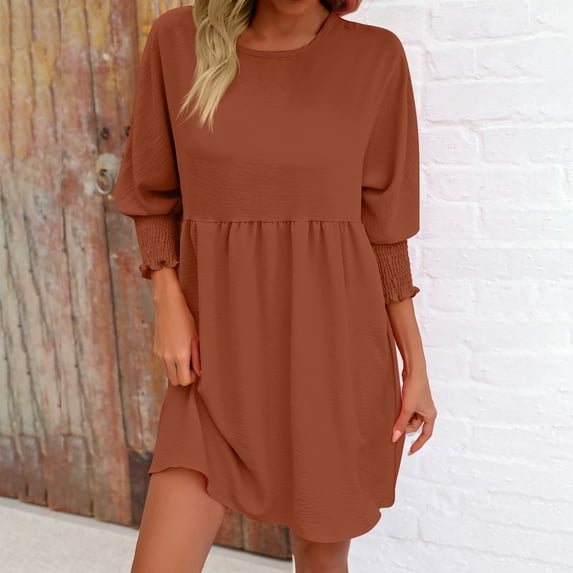 Fall New Arrivals Dresses!Brilliant Dresses for Women Fall 2024 Trendy Women Spring Round Neck Doll Dress Solid Color Three-Layer Pleated Dress Brown L