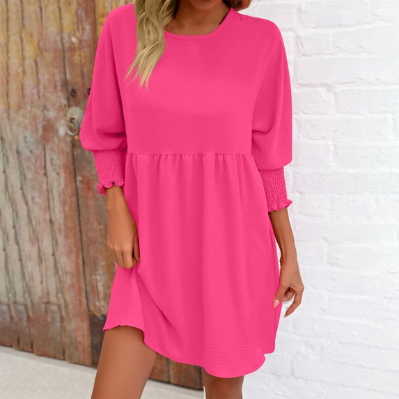 Fall New Arrivals Dresses!Brilliant Dresses for Women Fall 2024 Trendy Women Spring Round Neck Doll Dress Solid Color Three-Layer Pleated Dress Pink L