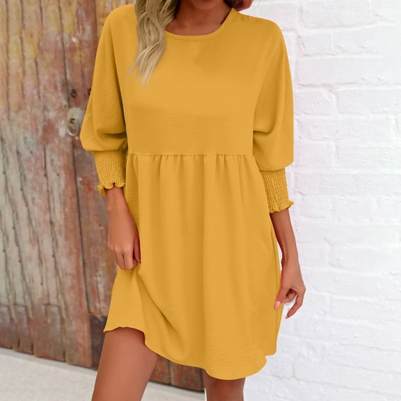 Fall New Arrivals Dresses!Brilliant Dresses for Women Fall 2024 Trendy Women Spring Round Neck Doll Dress Solid Color Three-Layer Pleated Dress Yellow S