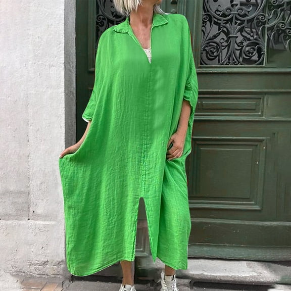 Fall New Arrivals Dresses!Brilliant Plus Size Dresses 4X Trendy Women's Summer Casual Loose Turn-down Collar Slit Solid Long Sleeve Long Dresses Green XXXXL