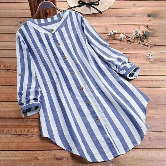 Fall New Trendy 2024!Brilliant Womens Dress Blouses Printed Buttons Casual Loose Plus Size Pockets Shirts Tops Long Sleeve Blouses Outerwear Blue XL