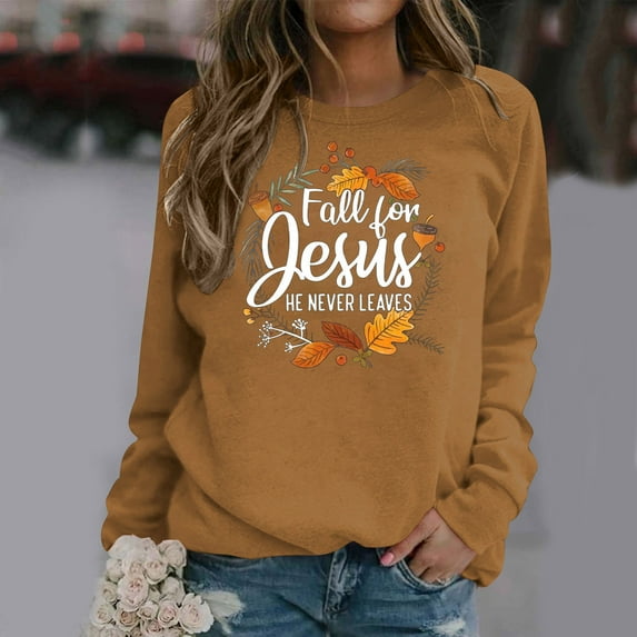 Fall New Trendy 2024!Brilliant Womens Tops Long Sleeve Plus Size Round Neck Long Sleeve T-Shirt Print Sweatshirt Blouse Tops Brown L