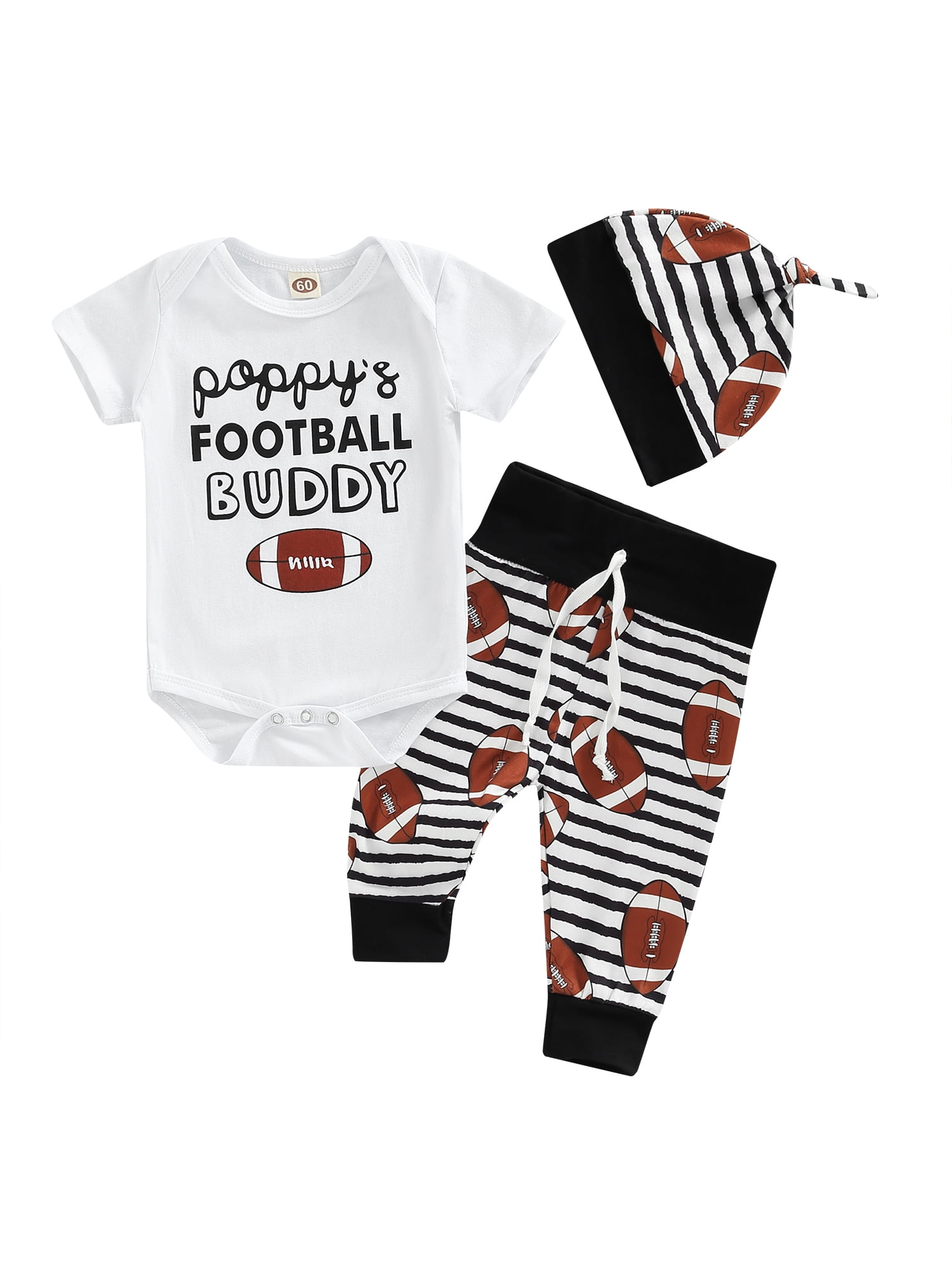 Fall Newborn Baby Boy Clothes Football Buddy Bodysuit Onesie+Long Pants Hat 3Pcs Outfit Clothing
