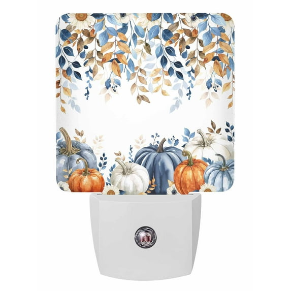 Fall Night Lights Auto Sensor Blue White Orange Pumpkin Plug-in LED Nightlights Dusk to Dawn for Living Room, Bedroom, Stairways Thanksgiving Wall Decor, Floral Eucalyptus Leaves Night Light