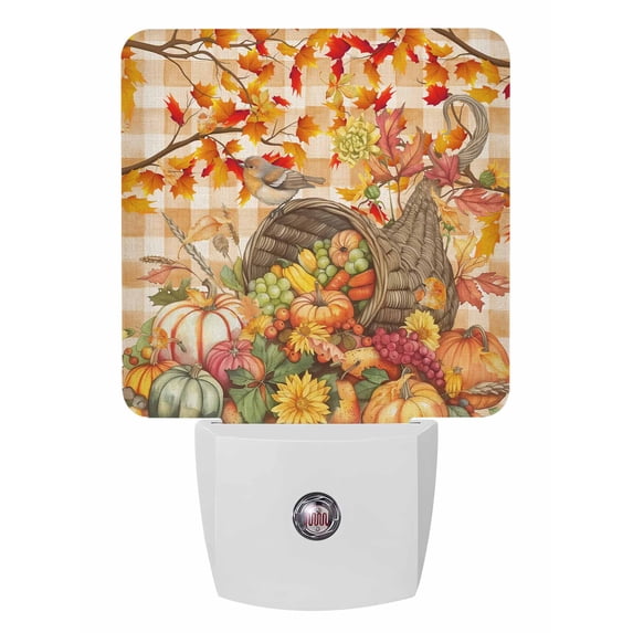Fall Night Lights Auto Sensor Floral Leaves Pumpkin Plug-in LED Nightlights Dusk to Dawn for Living Room, Bedroom, Hallway, Stairways Thanksgiving Wall Decor, Fruit Orange Buffalo Plaid Night Light