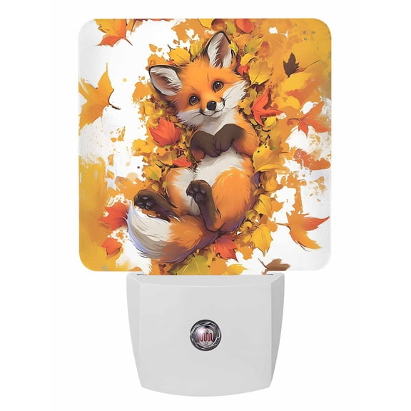 Fall Night Lights Auto Sensor Fox Lying in Maple Leaves Plug-in LED Nightlights Dusk to Dawn for Living Room, Bedroom, Hallway, Stairways Thanksgiving Wall Decor, Orange Plant Animal Night Light