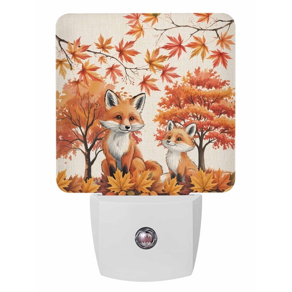 Fall Night Lights Auto Sensor Fox Plug-in LED Nightlights Dusk to Dawn for Living Room, Bedroom, Bathroom, Hallway, Stairways Thanksgiving Wall Decor, Autumn Maple Leaves Tree Linen Night Light