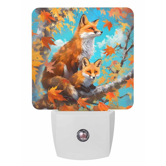 Fall Night Lights Auto Sensor Fox Plug-in LED Nightlights Dusk to Dawn for Living Room, Bedroom, Bathroom, Hallway, Stairways Thanksgiving Wall Decor, Blue Sky Autumn Maple Leaves Night Light