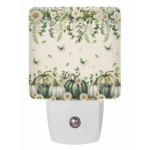Fall Night Lights Auto Sensor Green Pumpkin Plug-in LED Nightlights Dusk to Dawn for Living Room, Bedroom, Stairways Thanksgiving Wall Decor, Daisy Flower Eucalyptus Leaves Linen Night Light