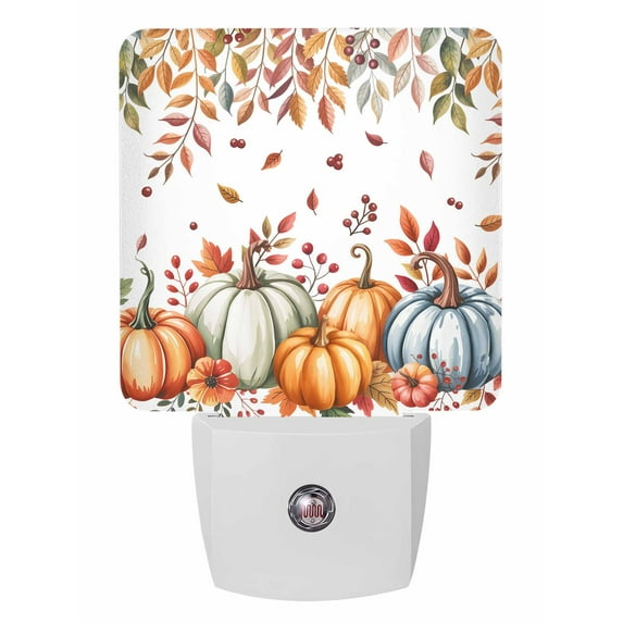 Fall Night Lights Auto Sensor Harvest Pumpkin Plug-in LED Nightlights Dusk to Dawn for Living Room, Bedroom, Hallway, Stairways Thanksgiving Wall Decor, Berry Fallen Eucalyptus Leaves Night Light