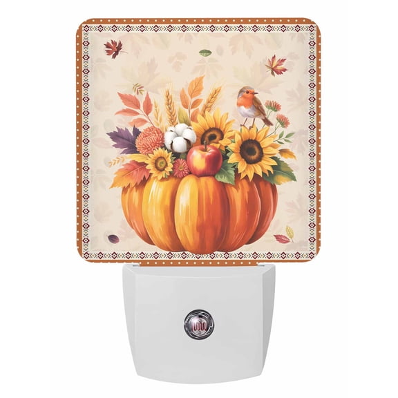 Fall Night Lights Auto Sensor Harvest Pumpkin Plug-in LED Nightlights Dusk to Dawn for Living Room, Bedroom, Hallway, Stairways Thanksgiving Wall Decor, Bird Maple Leaves Sunflower Boho Night Light