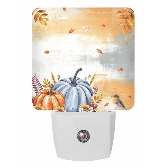 Fall Night Lights Auto Sensor Harvest Pumpkin Plug-in LED Nightlights Dusk to Dawn for Living Room, Bedroom, Hallway, Stairways Thanksgiving Wall Decor, Orange Maple Leaves Bird Night Light