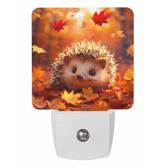 Fall Night Lights Auto Sensor Hedgehog Plug-in LED Nightlights Dusk to Dawn for Living Room, Bedroom, Bathroom, Hallway, Stairways Thanksgiving Wall Decor, Orange Maple Leaves Forest Night Light