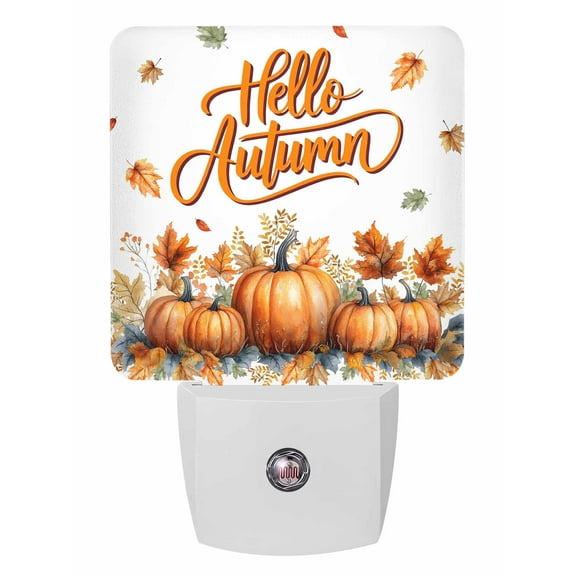 Fall Night Lights Auto Sensor Hello Autumn Pumpkin Plug-in LED Nightlights Dusk to Dawn for Living Room, Bedroom, Bathroom, Hallway, Stairways Thanksgiving Wall Decor, Orange Maple Leaf Night Light