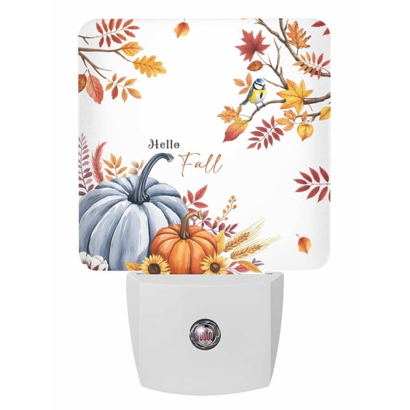 Fall Night Lights Auto Sensor Hello Fall Pumpkin Plug-in LED Nightlights Dusk to Dawn for Living Room, Bedroom, Stairways Thanksgiving Wall Decor, Wheat Sunflower Bird Maple Leaves Night Light