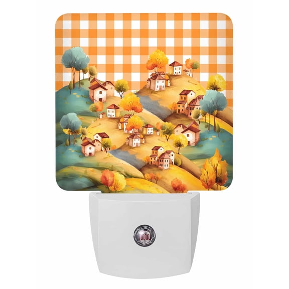 Fall Night Lights Auto Sensor Hill House Plug-in LED Nightlights Dusk to Dawn for Living Room, Bedroom, Hallway, Stairways Thanksgiving Wall Decor, Autumn Tree Mountain Orange Plaid Night Light