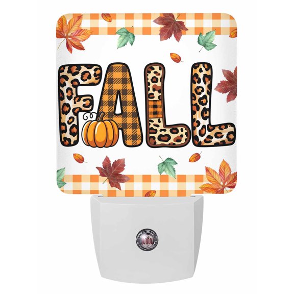 Fall Night Lights Auto Sensor Leopard Print Plug-in LED Nightlights Dusk to Dawn for Living Room, Bedroom, Hallway, Stairways Thanksgiving Wall Decor, Pumpkin Maple Leaf Orange Plaid Night Light