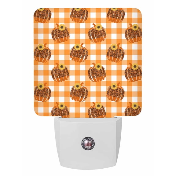 Fall Night Lights Auto Sensor Leopard Print Pumpkin Plug-in LED Nightlights Dusk to Dawn for Living Room, Bedroom, Hallway, Stairways Thanksgiving Wall Decor, Orange Buffalo Plaid Night Light
