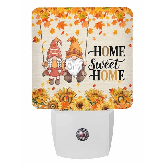 Fall Night Lights Auto Sensor Maple Leaves Gnome Plug-in LED Nightlights Dusk to Dawn for Living Room, Bedroom, Stairways Thanksgiving Wall Decor, Sunflower Home Sweet Home Linen Night Light