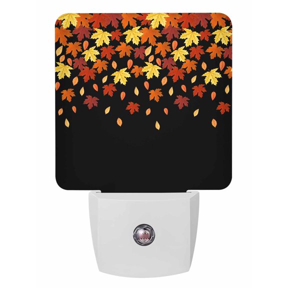 Fall Night Lights Auto Sensor Maple Leaves Plug-in LED Nightlights Dusk to Dawn for Living Room, Bedroom, Bathroom, Hallway, Stairways Thanksgiving Wall Decor, Orange Fallen Leaf Black Night Light
