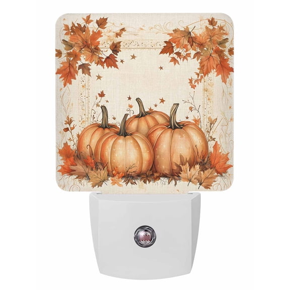 Fall Night Lights Auto Sensor Orange Pumpkin Plug-in LED Nightlights Dusk to Dawn for Living Room, Bedroom, Bathroom, Hallway, Stairways Thanksgiving Wall Decor, Maple Leaves Linen Night Light