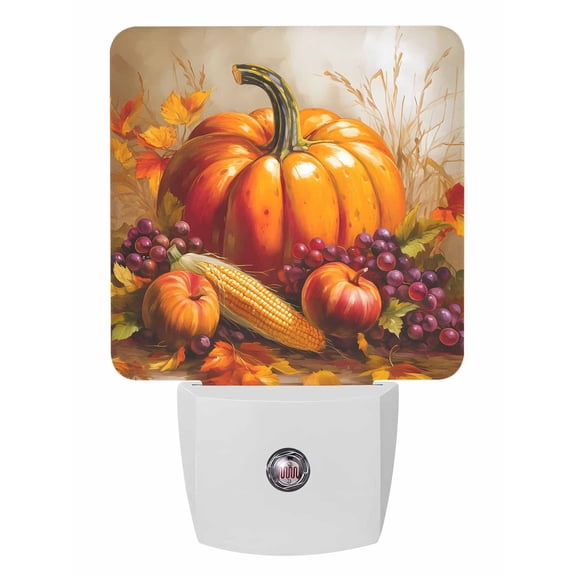 Fall Night Lights Auto Sensor Orange Pumpkin Plug-in LED Nightlights Dusk to Dawn for Living Room, Bedroom, Hallway, Stairways Thanksgiving Wall Decor, Maple Leaves Grape Corn Straw Night Light