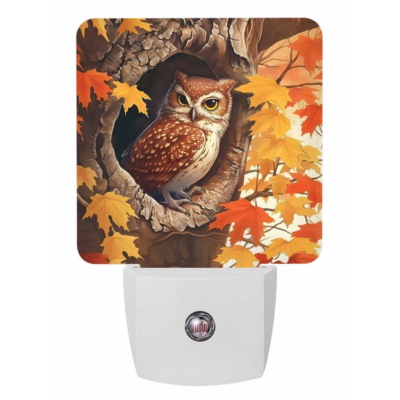 Fall Night Lights Auto Sensor Owl Plug-in LED Nightlights Dusk to Dawn for Living Room, Bedroom, Bathroom, Hallway, Stairways Thanksgiving Wall Decor, Red Maple Leaves Animal Night Light