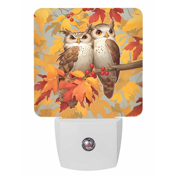 Fall Night Lights Auto Sensor Owl Standard in the Branch Plug-in LED Nightlights Dusk to Dawn for Living Room, Bedroom, Hallway, Stairways Thanksgiving Wall Decor, Berry Maple Leaves Night Light