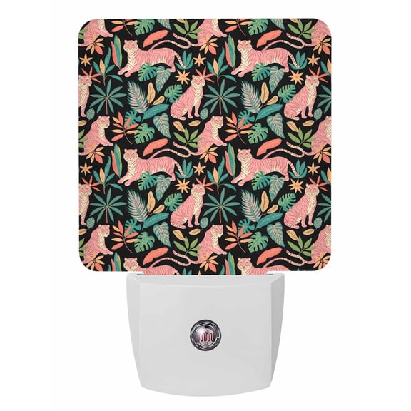 Fall Night Lights Auto Sensor Pink Tiger Plug-in LED Nightlights Dusk to Dawn for Living Room, Bedroom, Hallway, Stairways Thanksgiving Wall Decor, Parrot Tropical Floral Leaves Night Light