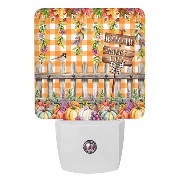 Fall Night Lights Auto Sensor Pumpkin Bird Plug-in LED Nightlights Dusk to Dawn for Living Room, Bedroom, Stairways Thanksgiving Wall Decor, Maple Leaf Orange Plaid Welcome Happy Fall Night Light