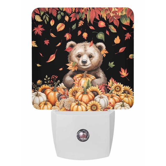 Fall Night Lights Auto Sensor Pumpkin Brown Bear Plug-in LED Nightlights Dusk to Dawn for Living Room, Bedroom, Hallway, Stairways Thanksgiving Wall Decor, Sunflower Maple Leaves Black Night Light