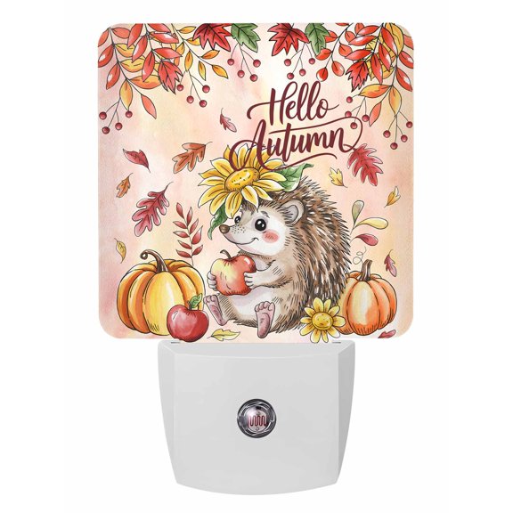 Fall Night Lights Auto Sensor Pumpkin Hedgehog Plug-in LED Nightlights Dusk to Dawn for Living Room, Bedroom, Hallway, Stairways Thanksgiving Wall Decor, Maple Leaves Hello Autumn Night Light