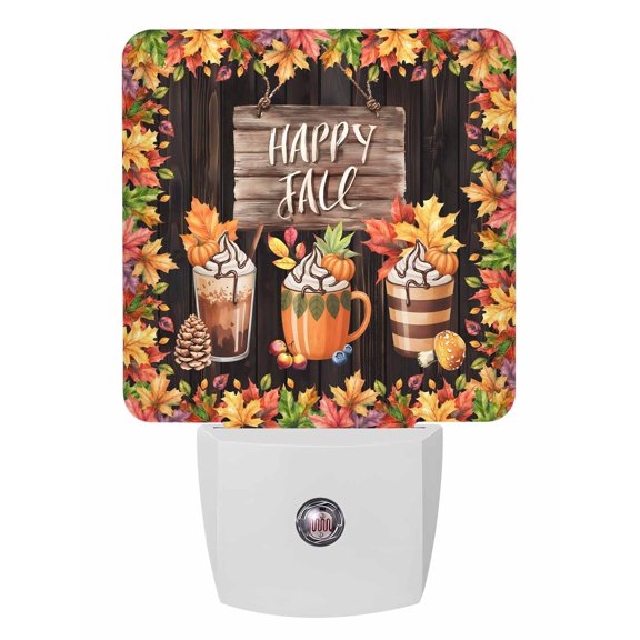 Fall Night Lights Auto Sensor Pumpkin Latte Plug-in LED Nightlights Dusk to Dawn for Living Room, Bedroom, Bathroom, Hallway, Stairways Thanksgiving Wall Decor, Maple Leaf Happy Fall Night Light