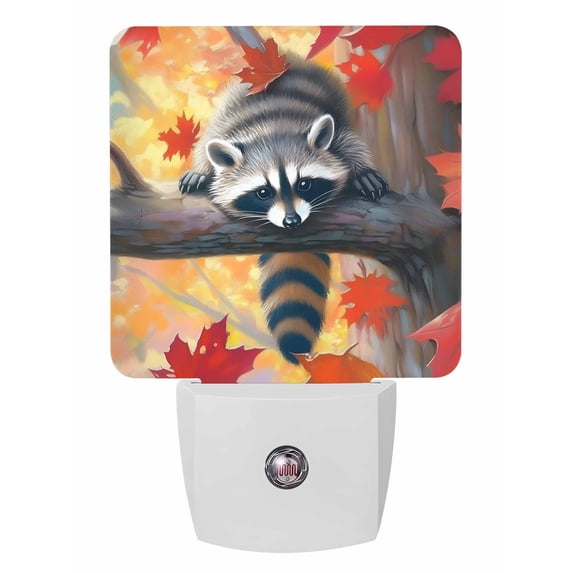 Fall Night Lights Auto Sensor Raccoon Plug-in LED Nightlights Dusk to Dawn for Living Room, Bedroom, Bathroom, Hallway, Stairways Thanksgiving Wall Decor, Orange Maple Leaves Night Light