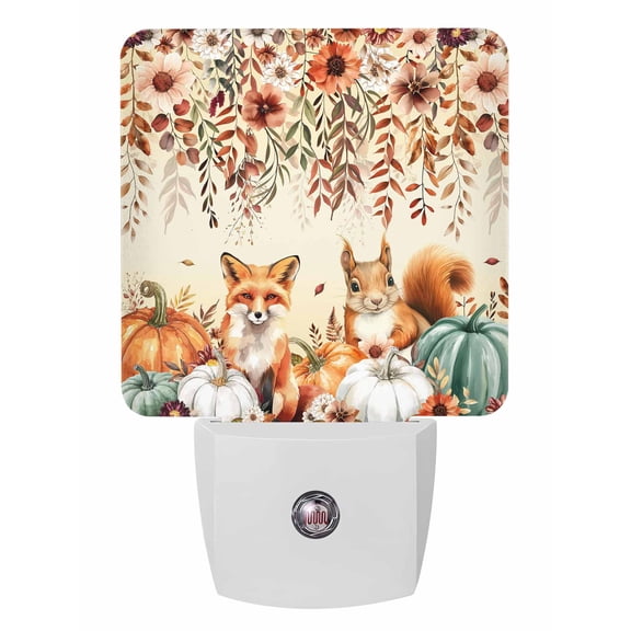Fall Night Lights Auto Sensor Squirrel Fox Pumpkin Plug-in LED Nightlights Dusk to Dawn for Living Room, Bedroom, Stairways Thanksgiving Wall Decor, Autumn Floral Leaves Branch Beige Night Light