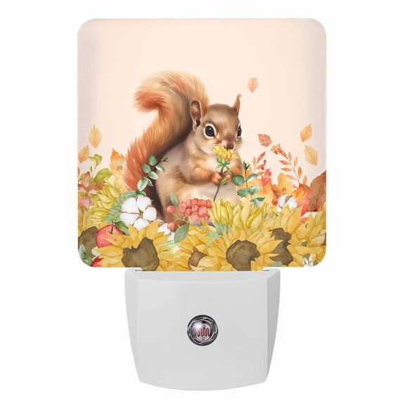 Fall Night Lights Auto Sensor Sunflower Leaves Plug-in LED Nightlights Dusk to Dawn for Living Room, Bedroom, Hallway, Stairways Thanksgiving Wall Decor, Watercolor Squirrel Foral Night Light