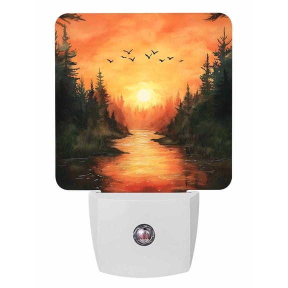 Fall Night Lights Auto Sensor Sunset Forest Plug-in LED Nightlights Dusk to Dawn for Living Room, Bedroom, Bathroom, Hallway, Stairways Thanksgiving Wall Decor, Bird Mountain Night Light