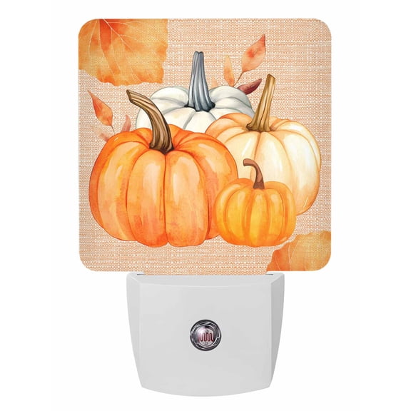 Fall Night Lights Auto Sensor Watercolor Pumpkin Plug-in LED Nightlights Dusk to Dawn for Living Room, Bedroom, Bathroom, Hallway, Stairways Thanksgiving Wall Decor, Maple Leaves Linen Night Light